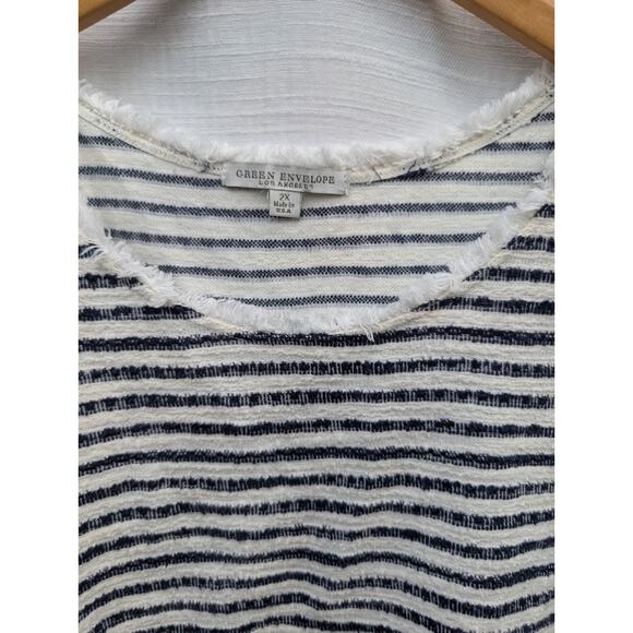 GREEN ENVELOPE Women's Terry Cloth Short Sleeve Striped Shirt Sz 2X Fringe Trim - Picture 2 of 5